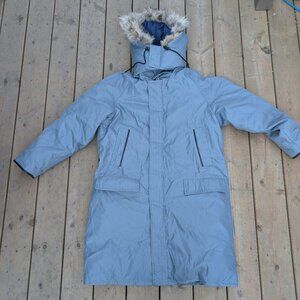 Vintage Snow Goose Parka Jacket Men 40 Blue Zip-Up Faux Fur Trim Hood Retro